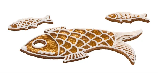 Sweet Golden Fishes Christmas Gingerbread Isolated White Background Cute Gold — Stock Photo, Image