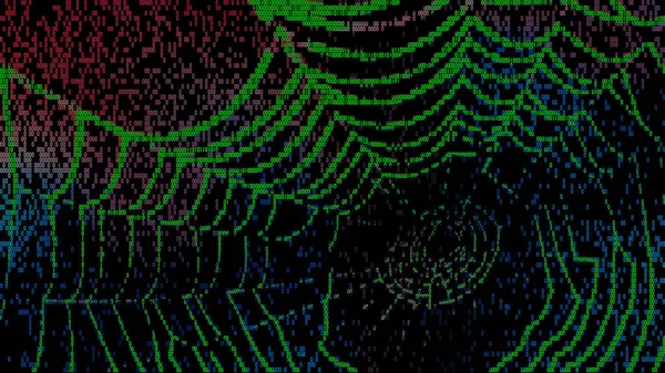 Green digital spider web in colorful binary code on black background. Artistic dark texture with cobweb trap in cyber space. Abstract threat of computer attack, crime or espionage in internet network.