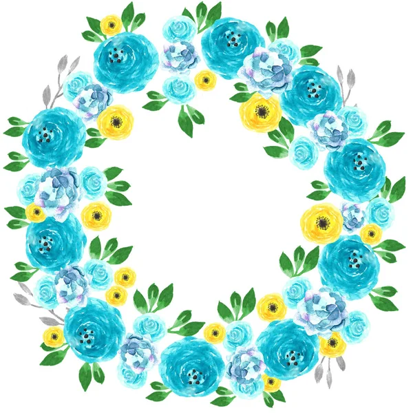 美丽的花环 有黄色和蓝色牡丹花的叶子的可爱的花环 浪漫的设计 — 图库照片