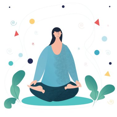 Güzel genç kız lotus pozisyonunda yoga yapıyor. Karakter tasarımı. Meditasyon ve rahatlama posteri. Vektör illüstrasyonu