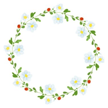 Kırmızı laleleri ve zarif papatyaları olan güzel bir çelenk.