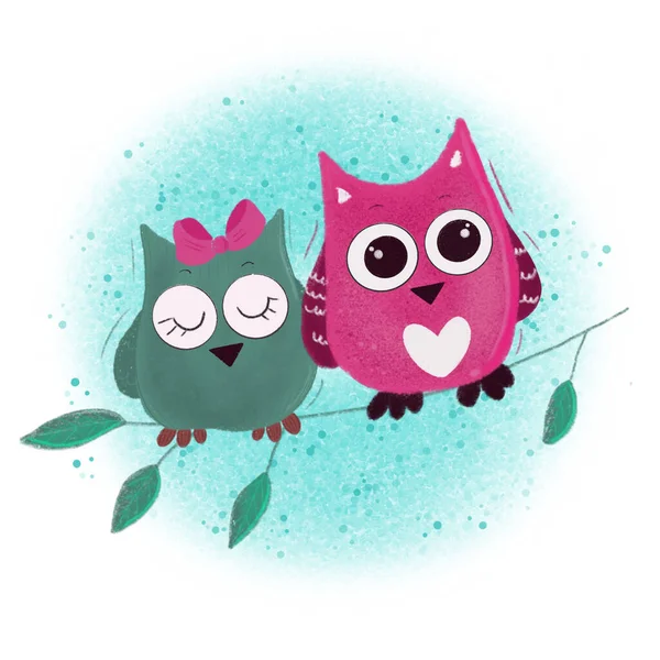 Couple Cute Cartoon Owls Different Style Colour White Background — Stock Photo, Image