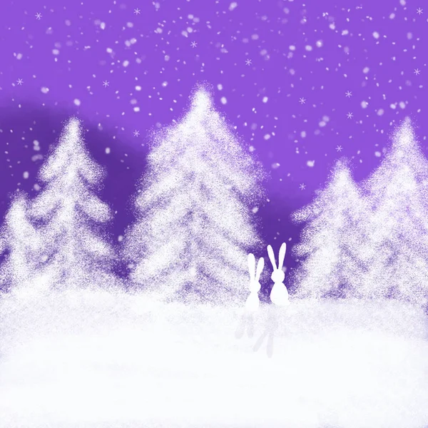 Acuarela Invierno Diseño Bosque Violeta Navidad Nieve Fondo Pintura Mano —  Fotos de Stock