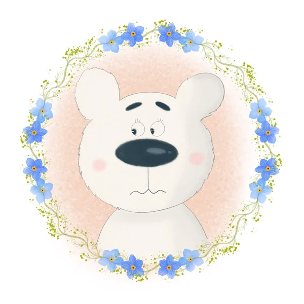 Ein Niedlicher Cartoon Teddybär Mit Blauen Vergissmeinnicht Blumen — Stockfoto