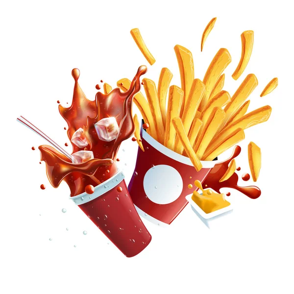 Soda and Fries Dynamic Collision. Vector Objects Isolated on White Background. — Stock Vector