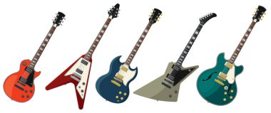 Beyaz arka plan üzerinde izole beş elektrik gitar