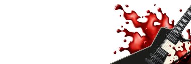 Beyaz arka plan ile bir kan sıçrama afiş şablonuyla siyah metal gitar.