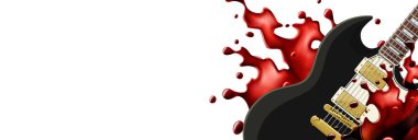 Beyaz arka plan ile bir kan sıçrama afiş şablonuyla siyah metal gitar.