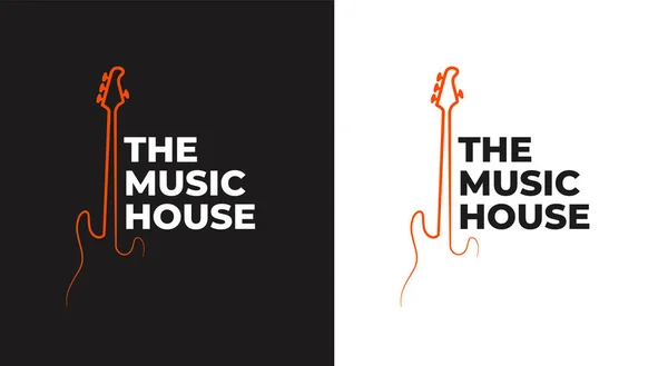 A Casa da Música. Logotipo de loja de música com silhueta de guitarra —  Vetores de Stock