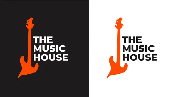 A Casa da Música. Logotipo de loja de música com silhueta de guitarra —  Vetores de Stock