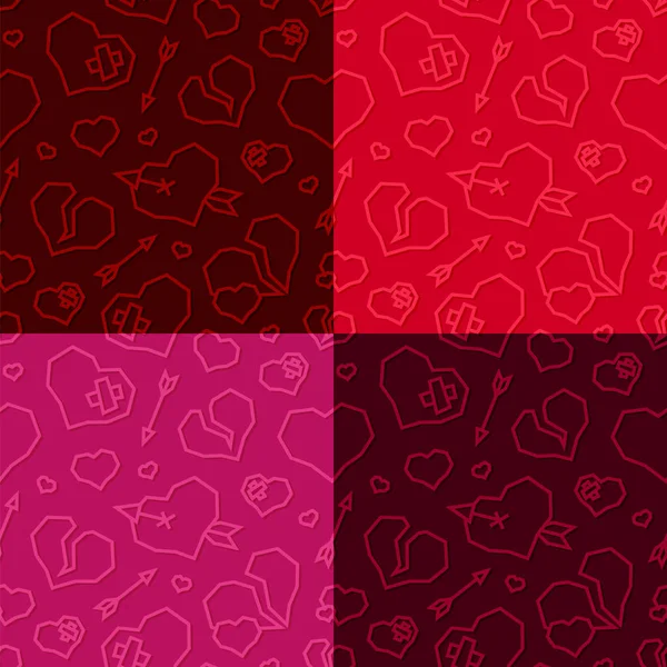 St. Valentines Day Hearts Low Poly Seamless Pattern. 4 Color Variations — Stock Vector