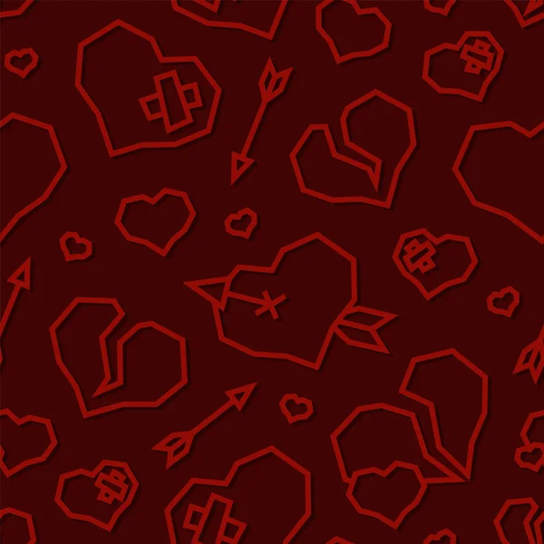 St. Valentines Day Hearts Low Poly Seamless Pattern. Dark Version — Stock Vector