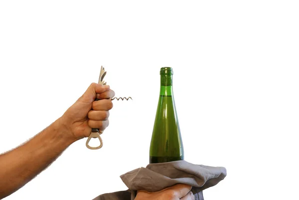 Man Opening Bottle Wine Corkscrew Isolated White — Stock Photo, Image