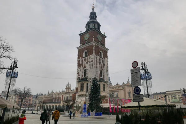 Krakow Poland January 2019 People Town Hall Clock Tower Busy — стоковое фото