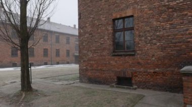 Krakow, Polonya - 21 Ocak 2019: Auschwitz Kanıt Müzesi 'nin girişindeki insanlar 16.