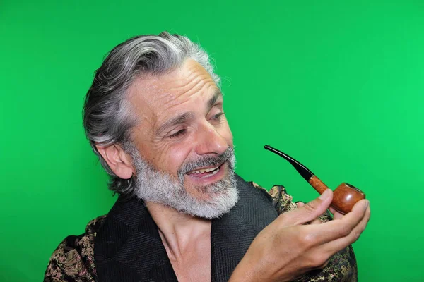 Happy Mature Caucasian Man Smoking Pipe — Stock Photo, Image