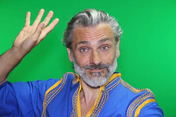 Mature Man Traditional Costume Dancing Green Screen — Stock Photo, Image