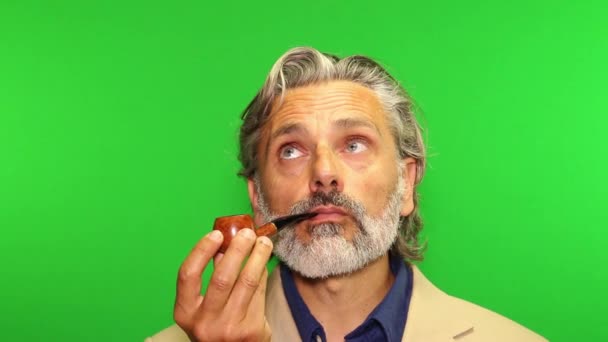 Portrait Homme Mûr Fumant Une Pipe — Video