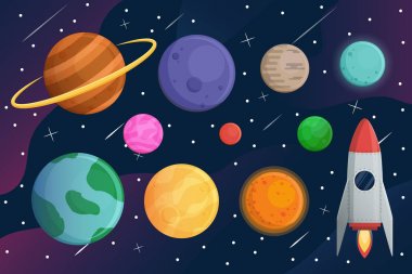 Uzay gemisi veya roket ve galaksi vektör arka plan ile gezegen ayarlayın