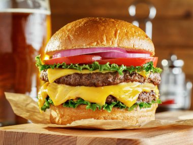 double cheese burger with beer clipart