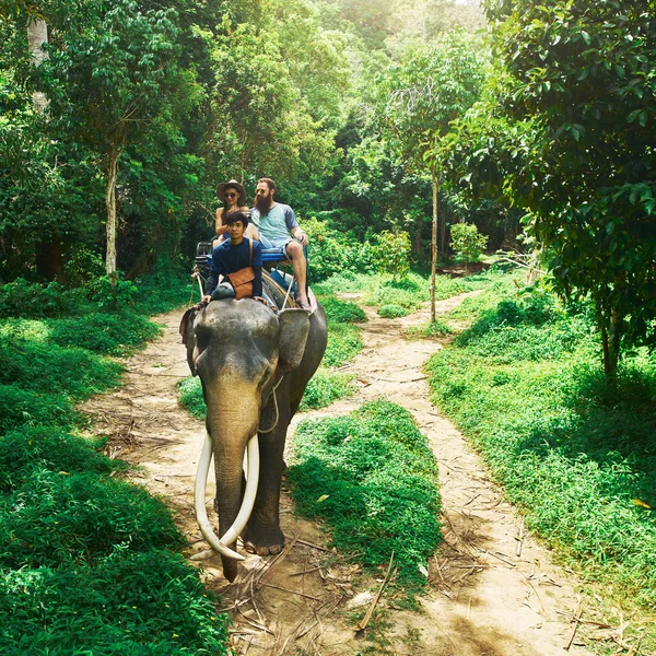 Casal Equitação Elefante Tailandês Selva Koh Samui Tailândia — Fotografia de Stock