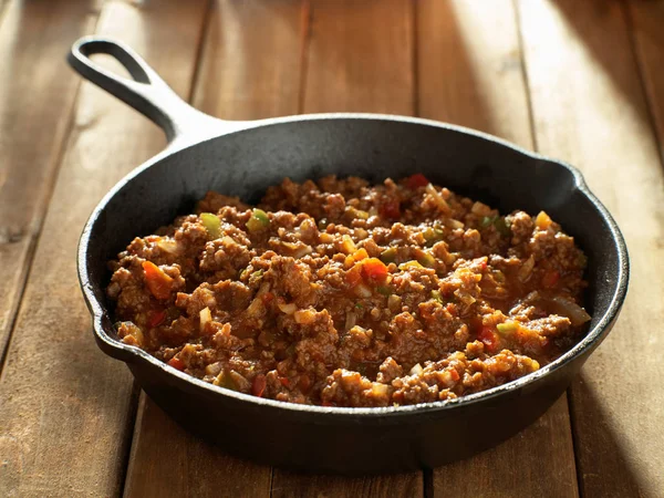 Cooked Sloppy Joe Mix Iron Skillet Made Ground Beef — Stock Photo, Image