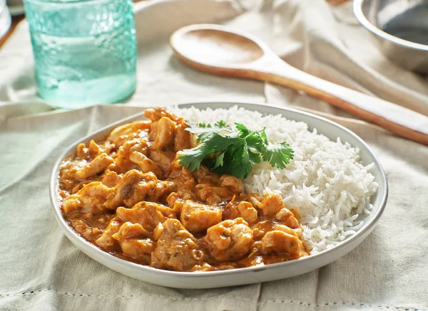 Indiai Basmati Rizs Csirke Curry Tányér — Stock Fotó