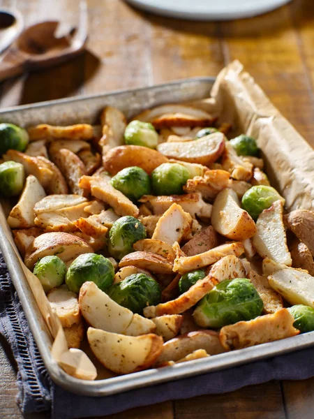 Homemade One Pan Meal Baked Chicken Brussel Sprouts Potatoes — Stock Photo, Image