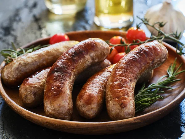 Plate German Bratwurst Sausages Herbs — Stock Photo, Image