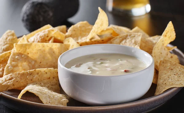 Mexican Hot Queso Blanco Cheese Dip Corn Tortilla Chips Plate — Stock Photo, Image