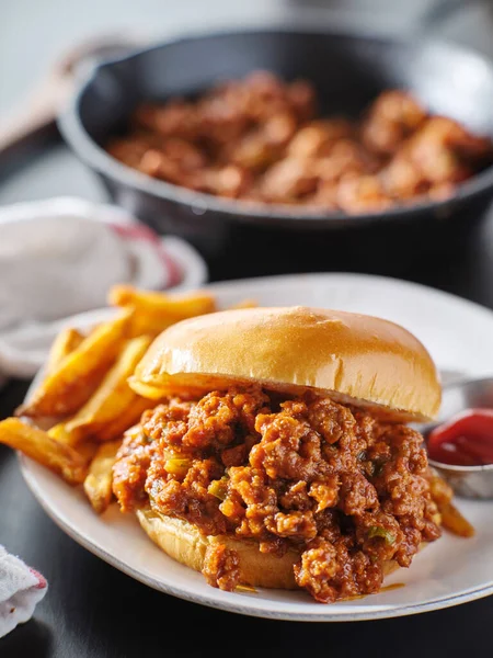 Schlampiges Joe Sandwich Auf Teller Mit Pommes Und Ketchup — Stockfoto