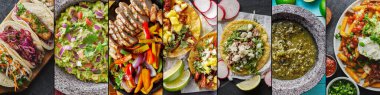 Meksika yemeği kolajı, taco, carne asada kızartması ve düz kompozisyonda tavuk fajitası