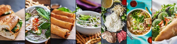 ベトナム料理のコラージュとビーフフォーとバーンミ — ストック写真