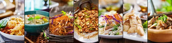 Thai Mat Collage Med Padthai Grön Curry Satay Och Papaya — Stockfoto