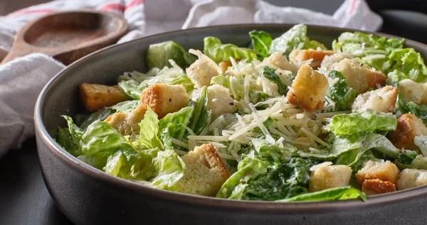 Fresh Caesar Salad Croutons Parmesan Cheese Bowl — Stock Photo, Image