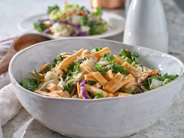 Smaklig Asiatisk Sallad Med Krispiga Wontonremsor — Stockfoto