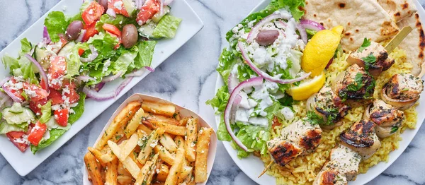 Greek Meal Chicken Souvlaki Fries Salad — Stock Photo, Image