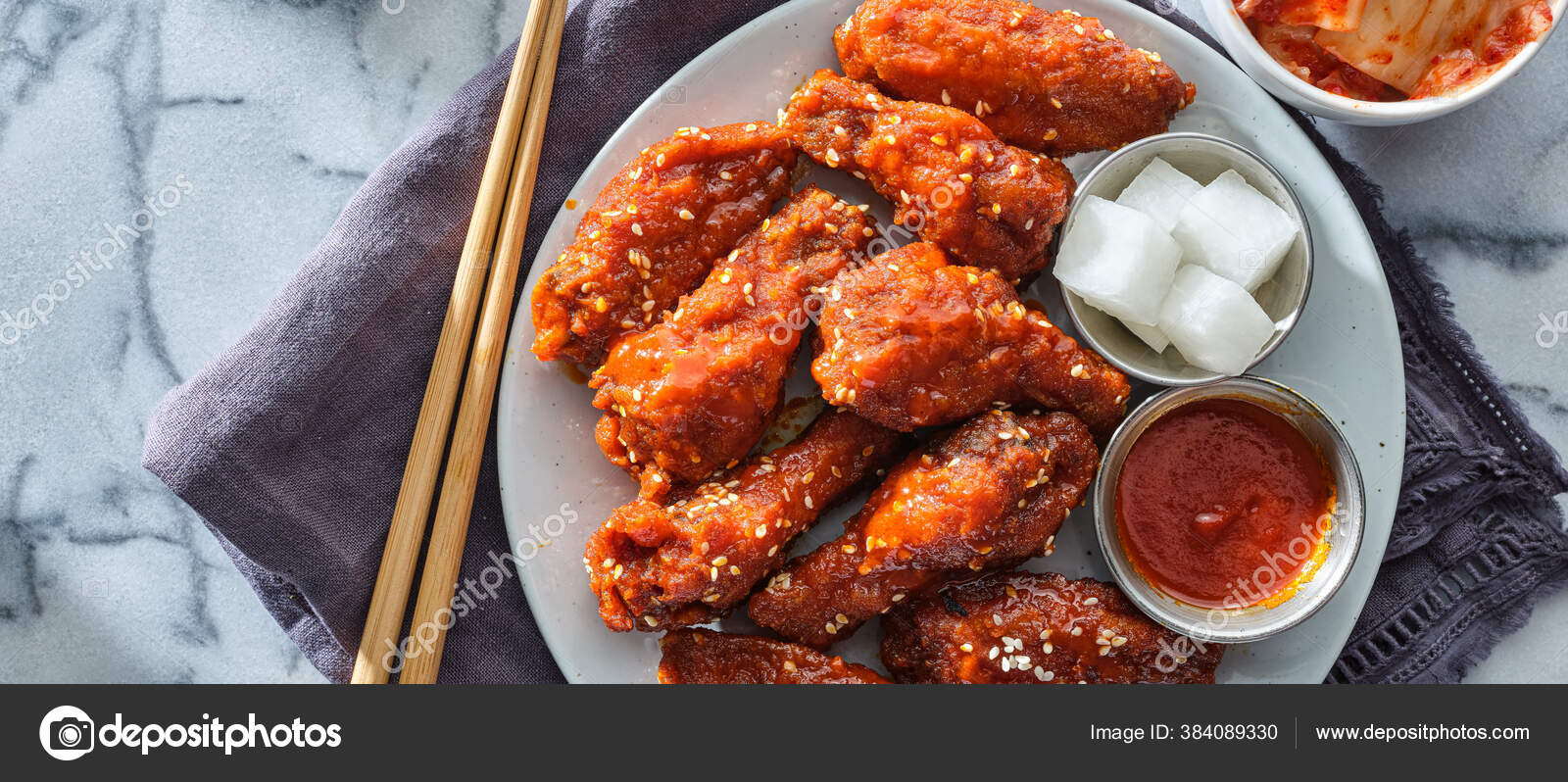 Korean Fried Chicken Wings Gochujang Sauce Pickled Radish Kimchi Wide