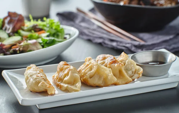 Plate Pan Fried Gyoza Dumplings Soy Sauce — Stock Photo, Image