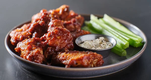 Boneless Chicken Wings Covered Honey Garlic Bbq Sauce Ranch Celery — Stock Photo, Image