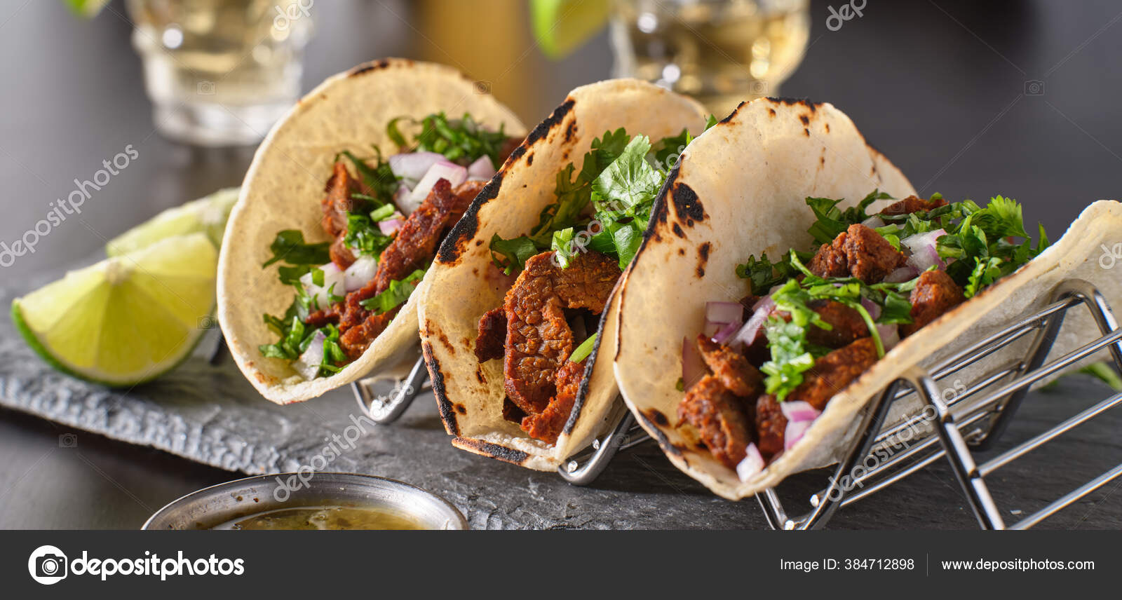 Metal Taco Holder Three Mexican Carne Asada Street Tacos Stock Photo by  ©resnick_joshua1 384712898