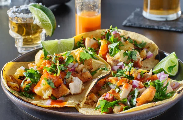 Chicken Grilled Pineapple Street Tacos Hot Sauce — Stock Photo, Image