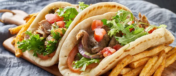 Two Greek Gyros Fries Tomato Lettuce — Stock Photo, Image