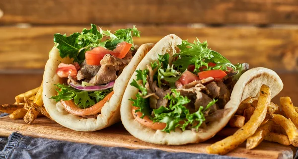 Two Greek Gyros Fries Tomato Lettuce — Stock Photo, Image