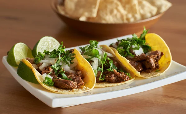 Three Carne Asada Mexican Street Tacos Corn Tortilla Lime — Stock Photo, Image