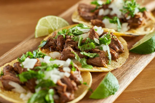 Three Carne Asada Mexican Street Tacos Corn Tortilla Lime — Stock Photo, Image