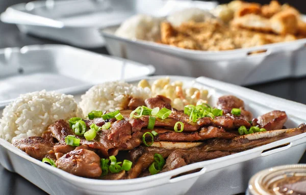 hawaiian bbq in take out container with mix of barbecue meats