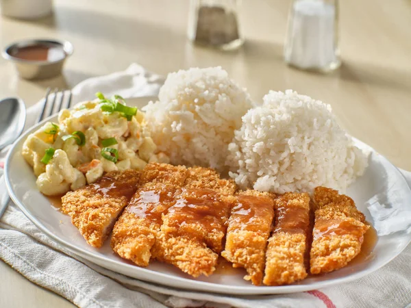 Chicken Katsu Hawaiian Bbq Plate Gravy Rice — Stock Photo, Image