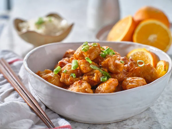 Bowl Chinese Orange Chicken Table Top — Stock Photo, Image