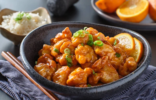 Bowl Chinese Orange Chicken Table Top — Stock Photo, Image